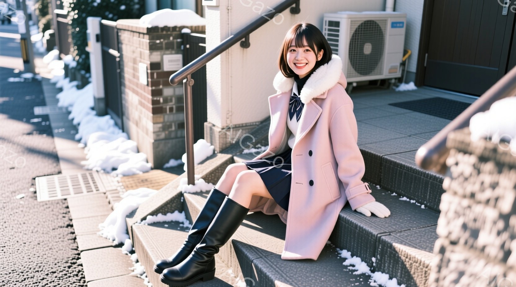 若い女性が外の階段に座っており、ピンク色のファー付きのコート、黒いブーツ、そして黒い手袋を着用しています。彼女は微笑んでおり、髪はダークブラウンで肩まで伸びています。背景にはレンガ造りの建物、そして少 - AI生成フリー素材