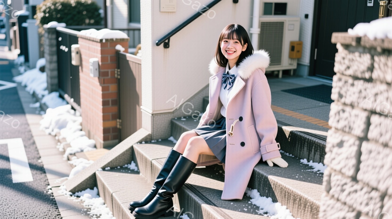 若い女性がコンクリートの階段に座っており、淡いピンク色のコート、グレーのスカート、黒いニーハイブーツを着用しています。彼女は微笑んでおり、明るい茶色の髪は肩の長さで、白い手袋をはめています。背景にはレ - AI生成フリー素材