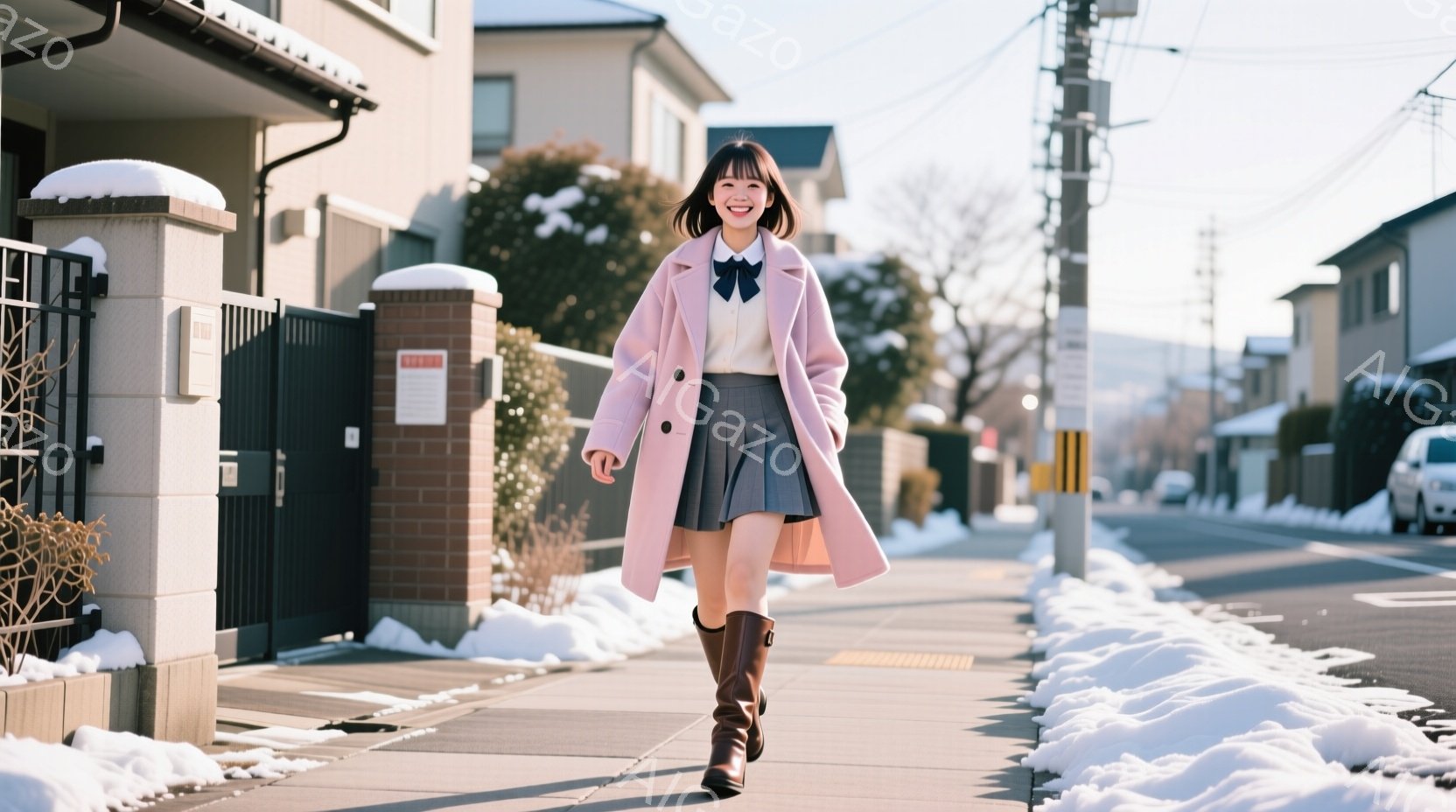 ピンク色のコートとグレーのプリーツスカートを着用した若い女性が、歩道を歩いている。彼女は明るい笑顔でカメラを見つめ、茶色のロングブーツを履いている。背景には住宅街が広がり、道端には雪が積もり、晴れた冬 - AI生成フリー素材