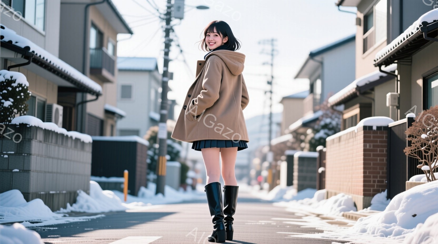 雪が積もった住宅街の道路を、若い女性が歩いている。ベージュ色のフード付きコートと紺色のプリーツスカート、黒いロングブーツを着用し、髪は肩までの長さで、笑顔を浮かべている。背景には雪で覆われた家々が並び - AI生成フリー素材