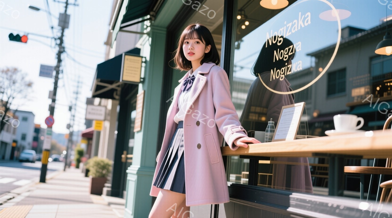 ピンク色のトレンチコートを着た若い女性が、カフェの窓際に立っている。彼女は短い茶色の髪を持ち、少し微笑んでいる。背景には、木々や建物が見え、晴れた日の穏やかな雰囲気が漂っている。 - AI生成フリー素材