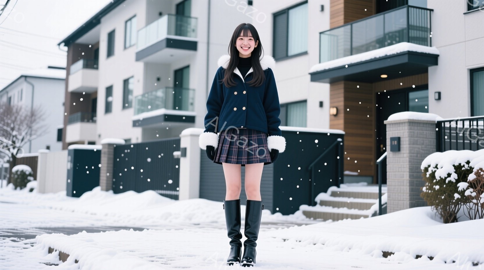 雪が降る中に、若い女性が立っている。彼女は紺色のジャケット、チェック柄のスカート、黒いロングブーツを着用し、白いマフラーを首に巻いている。背景には、雪で覆われた低層の住宅と、雪化粧した低木が見え、冬の - AI生成フリー素材