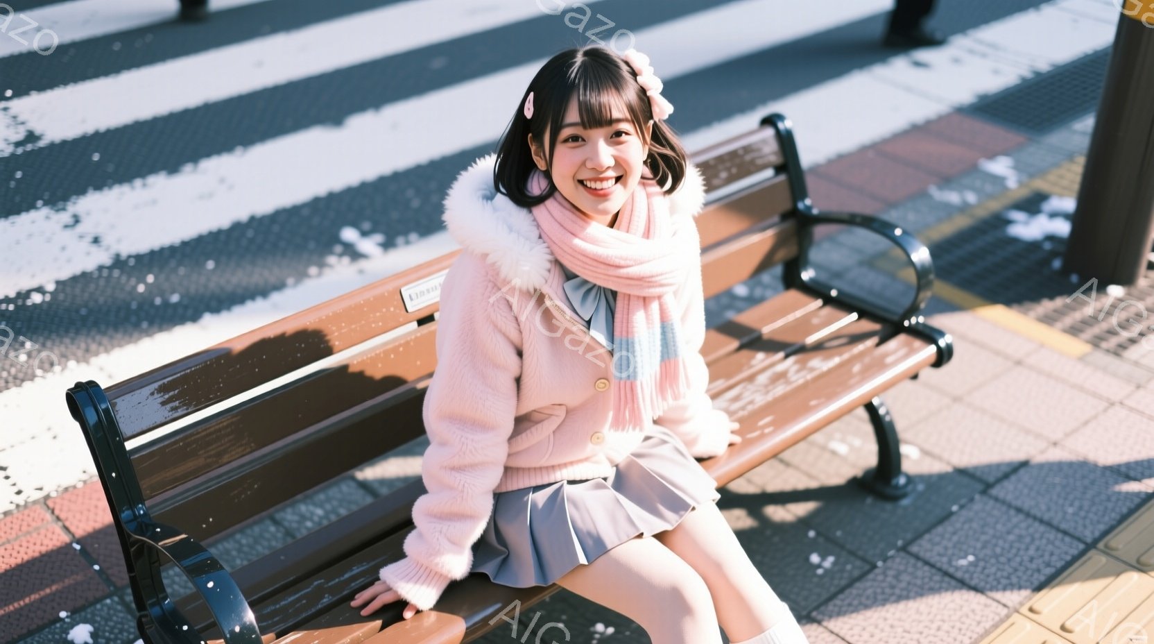 明るい笑顔の若い女性が、公園のベンチに座っています。彼女はピンク色のふわふわしたセーターとグレーのプリーツスカート、白いニーハイソックスを身に着けており、髪は前髪を出し、サイドにヘアピンをつけています。背景には横断歩道と建物が見え、雪が舞う冬の日の穏やかな雰囲気が漂っています。