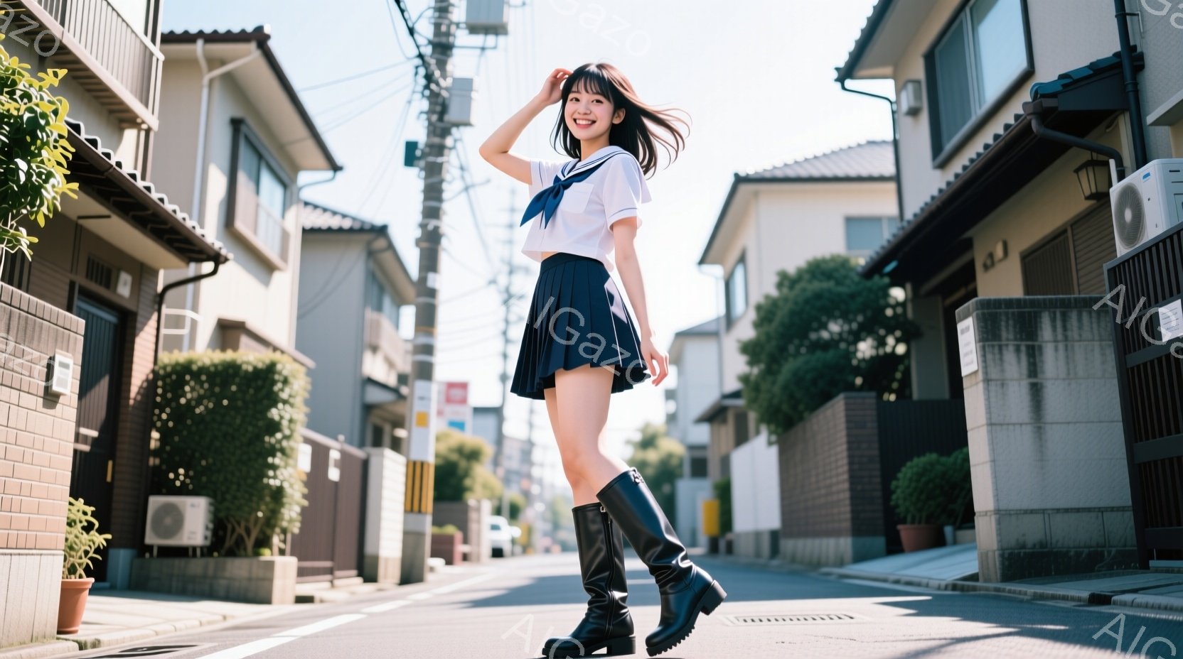 画像には、紺色のプリーツスカートと白いブラウス、そして黒いロングブーツを着用した若い女性が写っています。彼女は少し微笑んでおり、片手を頭の上に乗れ、リラックスしたポーズで道路の中央を歩いています。背景 - AI生成フリー素材