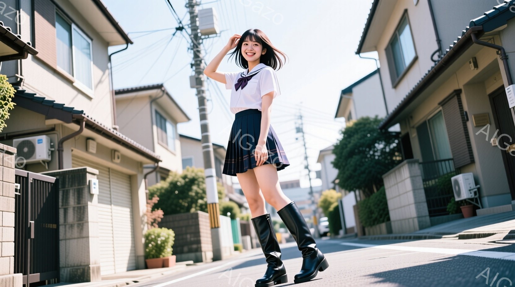 画像には、制服を着た若い女性が写っています。彼女はチェック柄のスカートと白いブラウス、そして黒いロングブーツを履いています。笑顔で片手を頭に当て、住宅街の緩やかな坂道でポーズをとっており、晴れた日の穏やかな雰囲気が漂います。