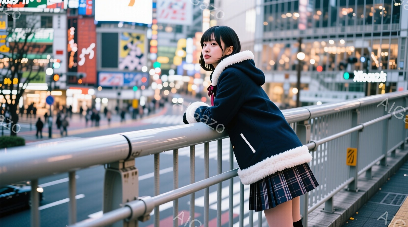 画像には、チェック柄のスカートとセーラーカラーのコートを着た若い女性が写っています。彼女は手すりに寄りかかり、少し下を見つめており、物憂げな表情を浮かべています。背景には、夜の賑やかな街並みと多くの人々が見え、全体的に少し寂しげで都会的な雰囲気が漂っています。
