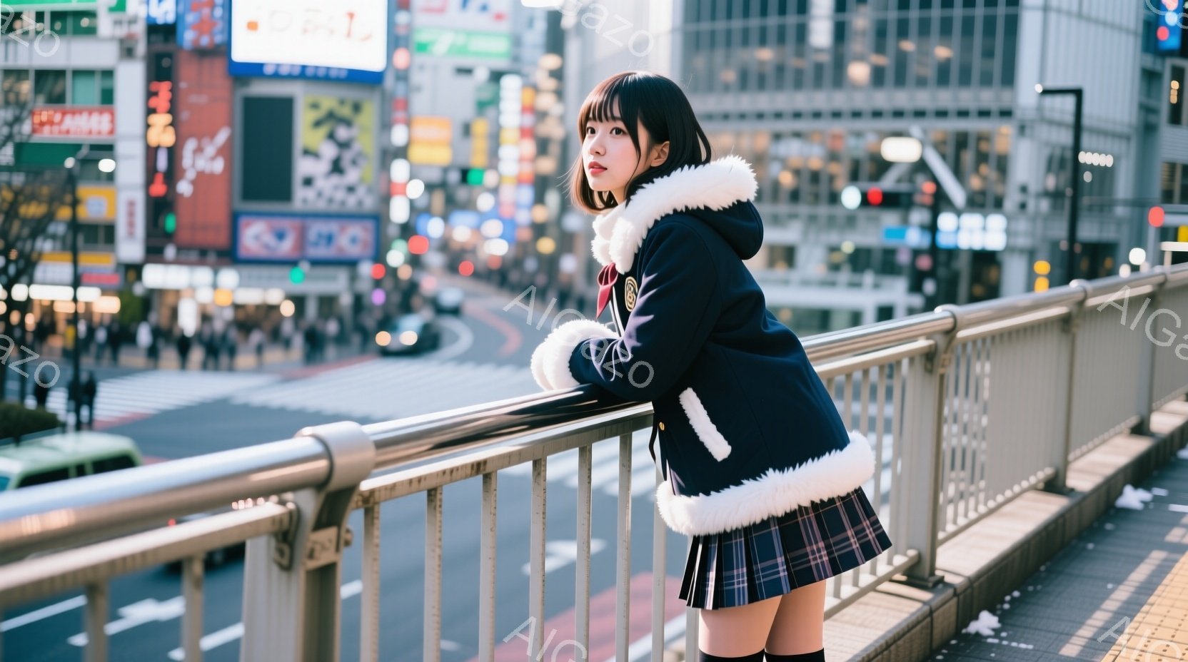 画像には、歩道橋の上で欄干にもたれかかる若い女性が写っています。彼女は紺色のファー付きのジャケットとチェック柄のスカート、黒いニーハイソックスを着用し、ダークブラウンのボブヘアにしています。背景には賑やかな都市の風景が広がり、多くの建物や交通信号、そして多くの車が見え、薄暗い空が都市の活気を際立たせています。