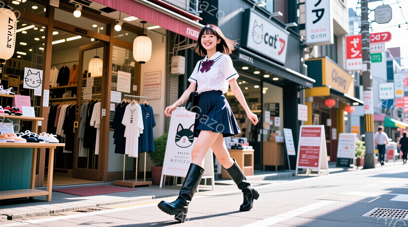 画像には、制服を着た若い女性が歩いている様子が写っています。彼女は白いブラウス、プリーツスカート、黒いロングブーツを履き、笑顔でカメラの方を見ているようです。背景には、猫をモチーフにしたお店が並び、賑やかな商店街の様子がうかがえます。