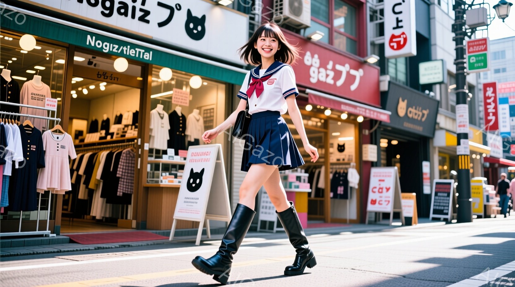 制服を着た若い女性が、歩道で歩いている様子が写っています。彼女は濃い茶色の髪を肩まで伸ばし、笑顔でこちらを見ています。背景には、黒猫のイラストが描かれた「gazze」というお店があり、商店街の賑やかな雰囲気が伝わってきます。