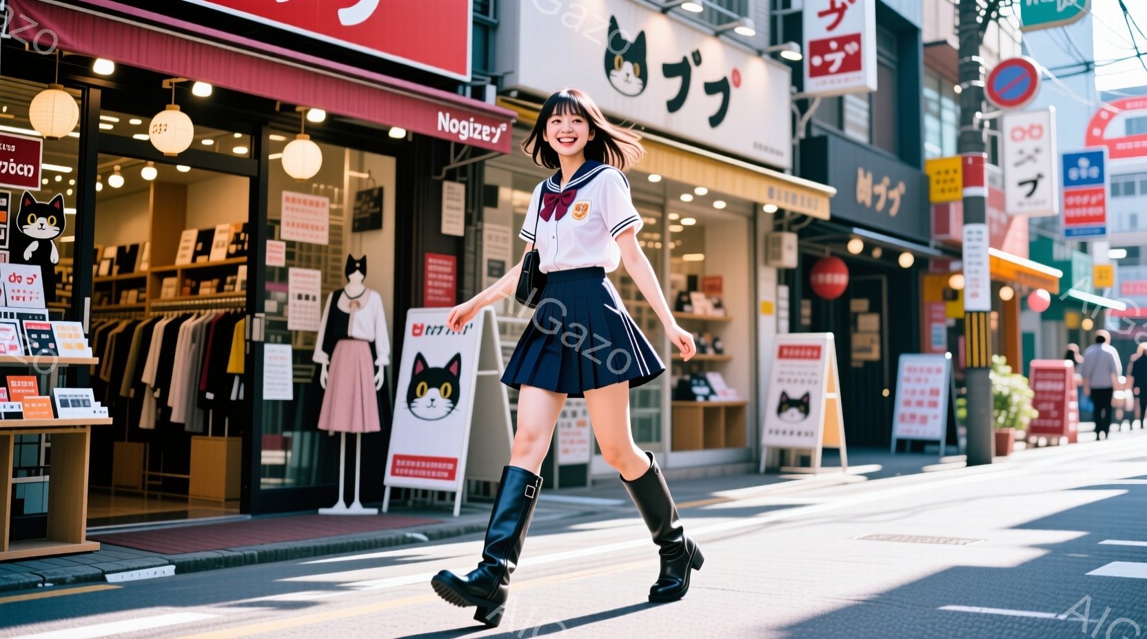 若い女性が歩行者天国のような通りを元気よく歩いている。紺色のプリーツスカートと白いブラウス、そして黒いロングブーツを着用しており、髪は肩まで伸びており、少しカールがかかっている。背景には、猫をモチーフにした看板のあるお店が並び、晴天の下、明るく活気のある雰囲気が漂っている。