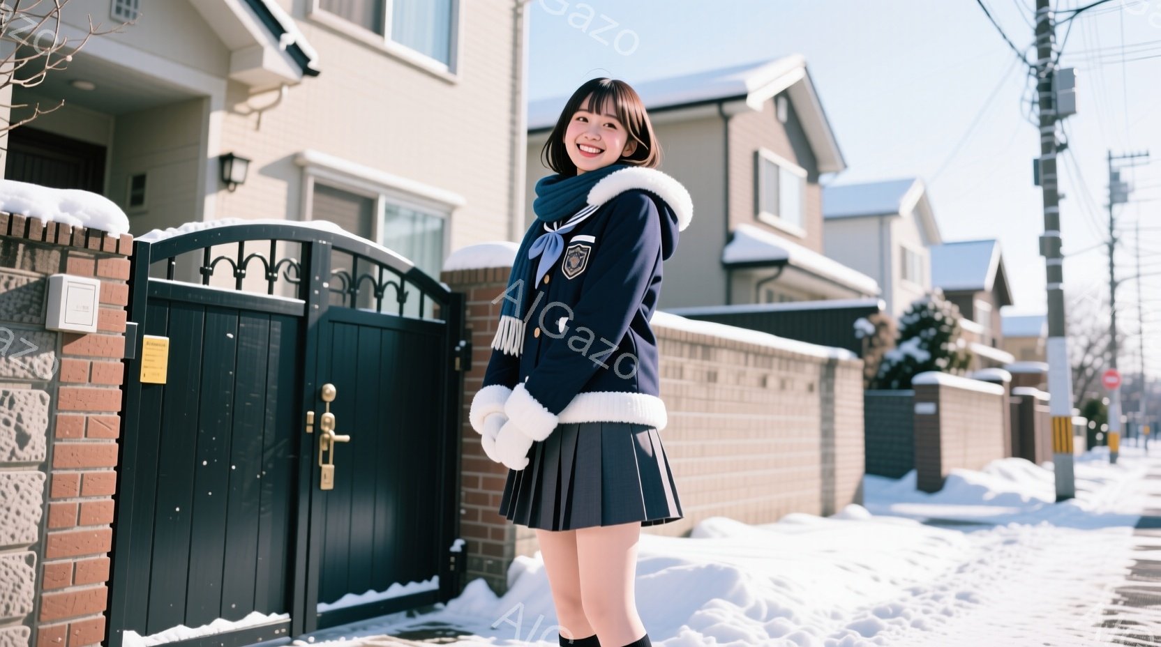 冬の晴れた日に、紺色の制服を着た女子高生が、住宅街の前に立っています。彼女は微笑んでおり、手には白い手袋をはめています。背景には雪に覆われた家々が並び、冬の穏やかな雰囲気が漂っています。