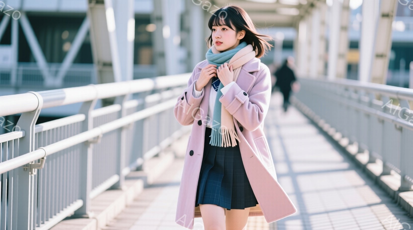 薄ピンク色のコートを着た若い女性が、紺色のプリーツスカートと白いシャツ姿で、歩道橋を歩いている。彼女は肩に淡い緑色のスカーフを巻き、少し微笑んでおり、前を見つめている。背景には、灰色の構造物と遠くに見える建物があり、晴れた日の穏やかな雰囲気が漂っている。