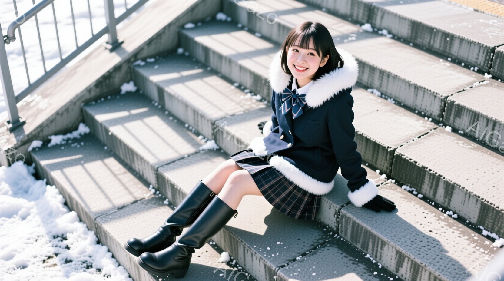 画像には、制服を着た若い女性がコンクリートの階段に座っている様子が写っています。彼女は膝を曲げ、片足を伸ばして座っており、黒いニーハイブーツを履いています。背景は冬の風景で、階段の周りには雪が積もり、穏やかで少し寒々しい雰囲気が漂っています。