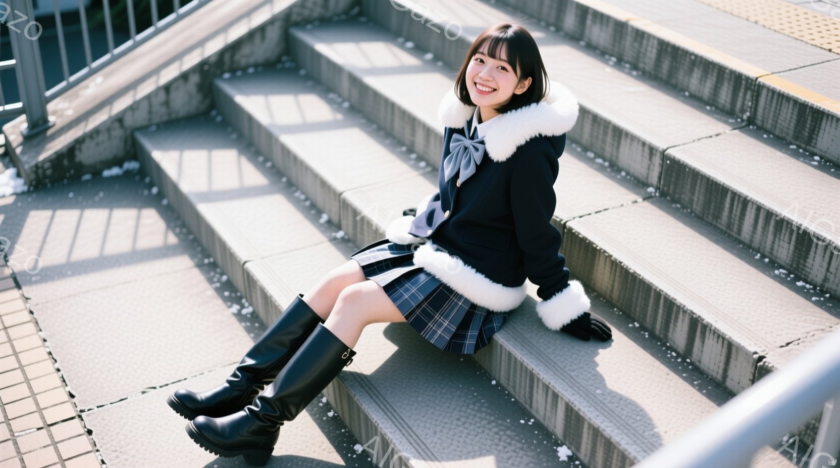 画像には、階段に座っている若い女性が写っています。彼女は紺色のフリル付きのコート、チェック柄のスカート、黒いブーツを着用し、茶色の髪は肩まで伸びています。彼女は微笑んでおり、周囲のコンクリートの階段やぼんやりとした背景が、冬の日の穏やかな雰囲気を醸し出しています。