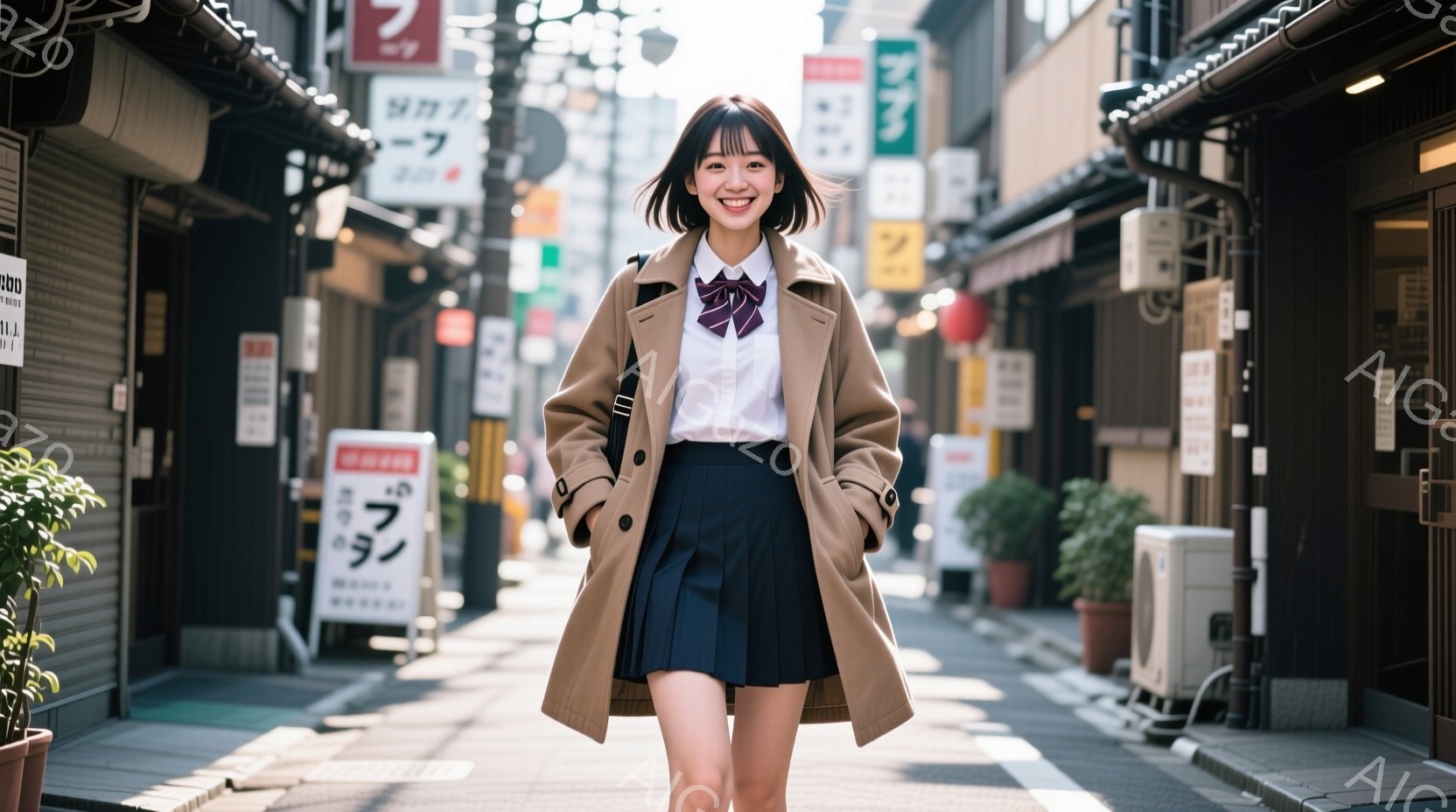 制服を着た若い女性が、狭い路地を正面を向いて歩いています。彼女はベージュのトレンチコート、白いシャツ、紺色のプリーツスカート、そしてリボンタイを着用しており、笑顔でカメラを見つめています。背景には、シャッターが閉まった店舗が並び、日差しが差し込む暖かい雰囲気の街並みが広がっています。