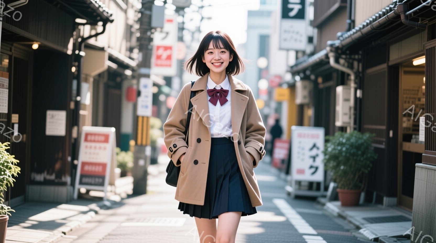 明るい日差しの下、茶色のコートに紺色のスカートを合わせた女性が写っている。彼女は肩まで伸ばした髪を少しカールさせ、笑顔でカメラを見ている。背景には、古い木造建築が並び、商店街の賑やかな雰囲気を感じさせ - AI生成フリー素材