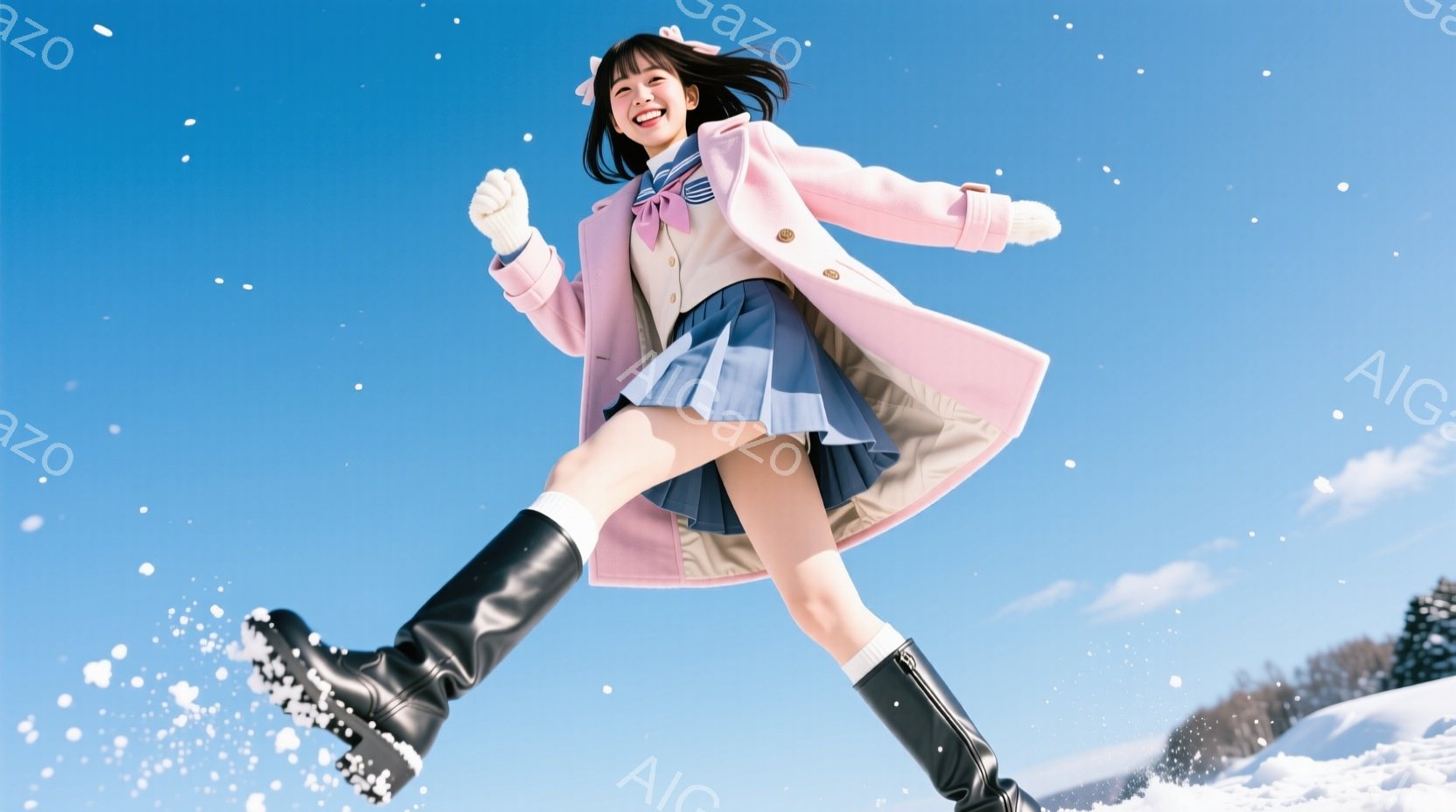 明るい青空の下、少女が雪の上で飛び跳ねています。ピンクのコートに水色のスカート、黒いブーツという冬らしい装いをしており、白い手袋をはめています。顔は笑顔で、元気いっぱいの雰囲気が伝わってきます。