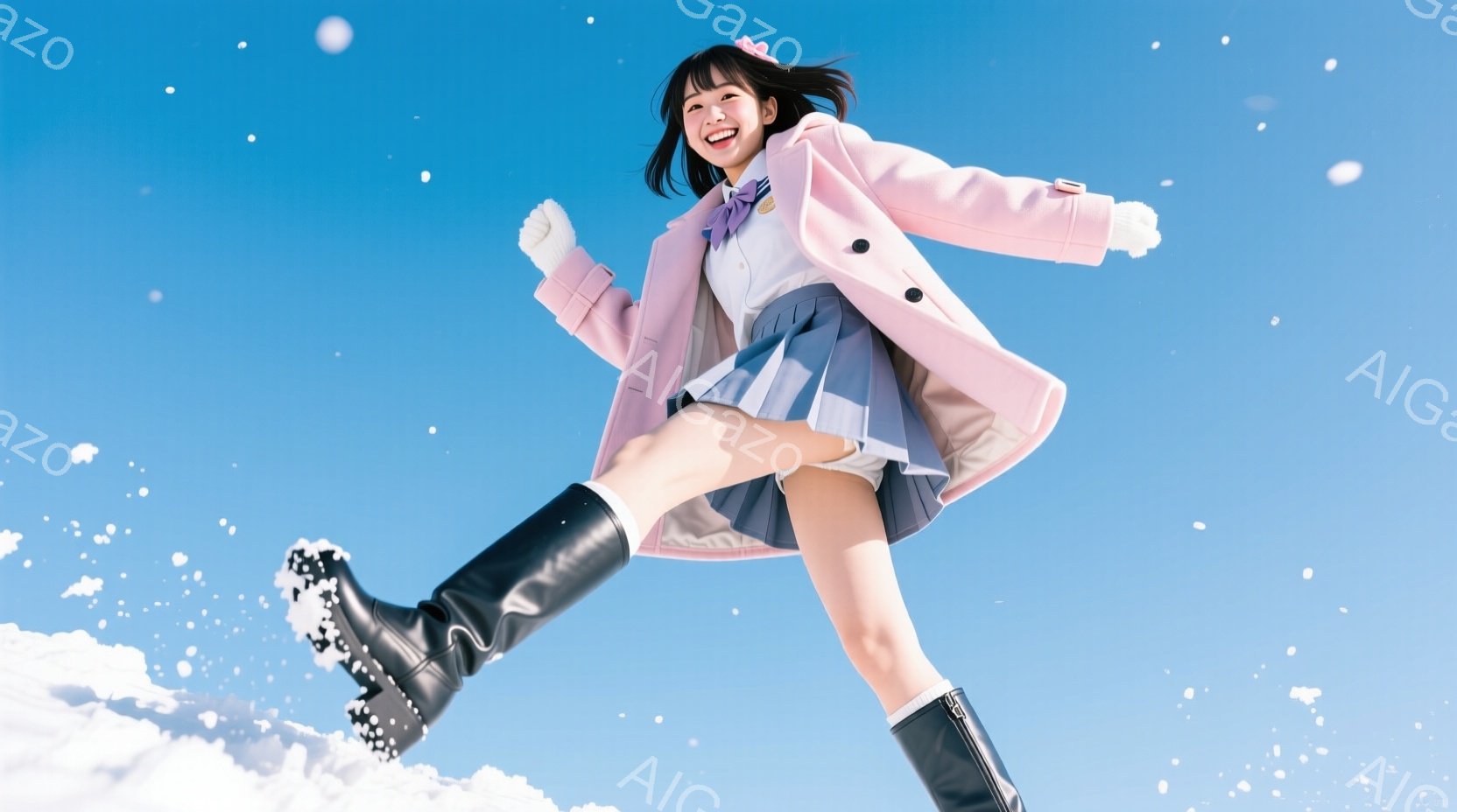 画像は、雪の中をジャンプする若い女性を描いています。彼女は白いブラウス、水色のスカート、ピンクのジャケットを着用し、黒いブーツを履いています。彼女は笑顔で、とても楽しそうな表情をしています。