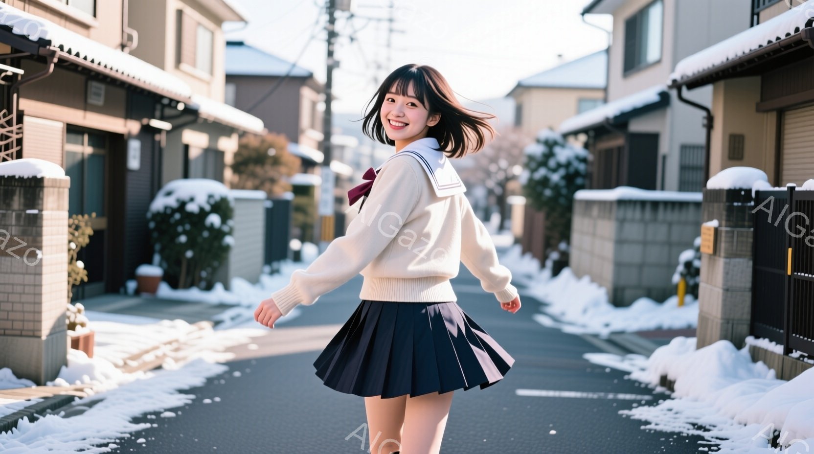 雪が積もった住宅街を、セーラー服を着た女性が笑顔で歩いている。彼女は黒髪で、少しカールがかかった前髪が特徴的で、正面を向いて楽しそうにしている。背景には、雪に覆われた家々が並び、冬の静かで穏やかな雰囲 - AI生成フリー素材