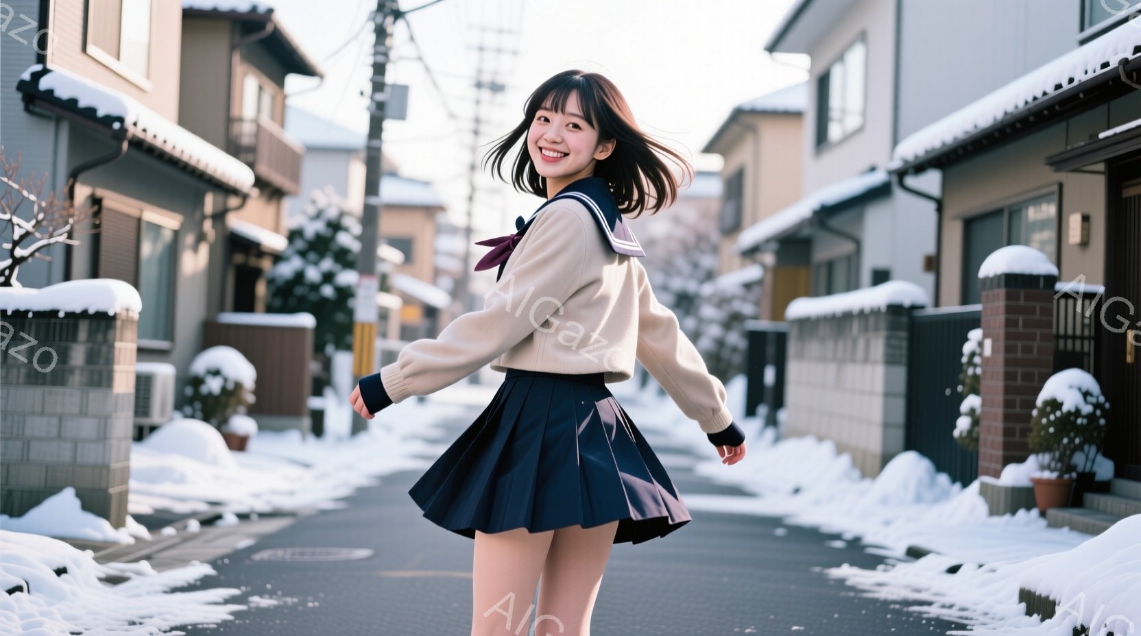 冬の住宅街を背景に、紺色のプリーツスカートとベージュのセーラーカラーのカーディガンを着た若い女性が写っている。彼女は笑顔でカメラに向かって少し振り返り、明るい表情で両手を広げている。雪が積もり、背景の - AI生成フリー素材