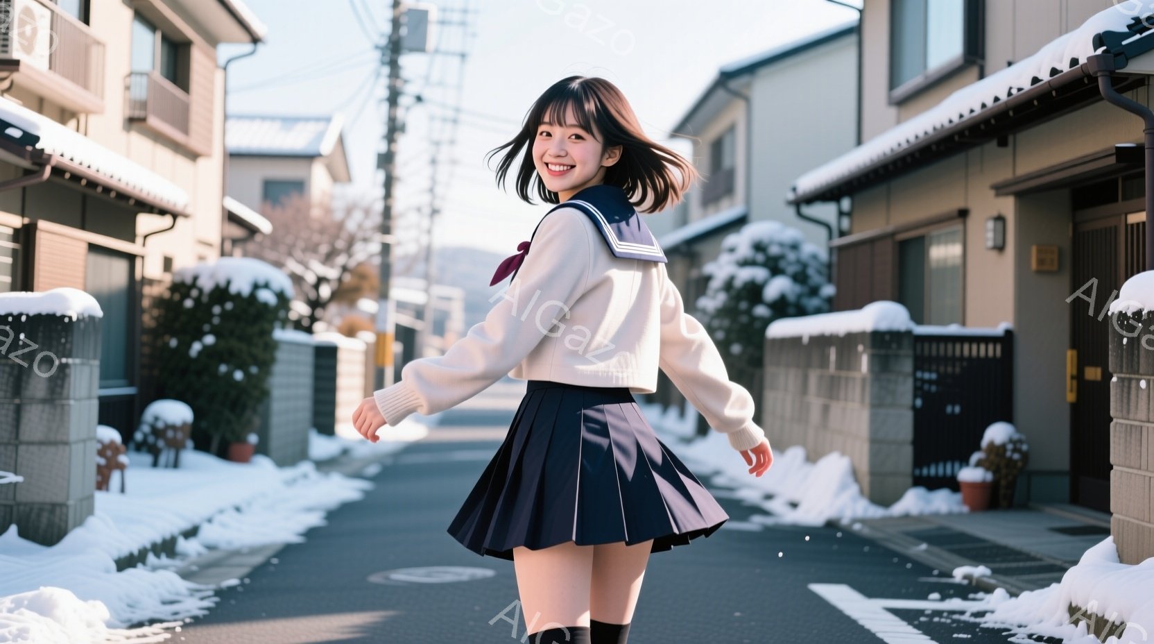 画像には、紺色のプリーツスカートと白いセーラー風のトップスを着た若い女性が写っています。彼女は明るい笑顔を浮かべ、片手を上げて歩いています。背景には、雪で覆われた住宅街の風景が広がり、冬の静かで穏やか - AI生成フリー素材