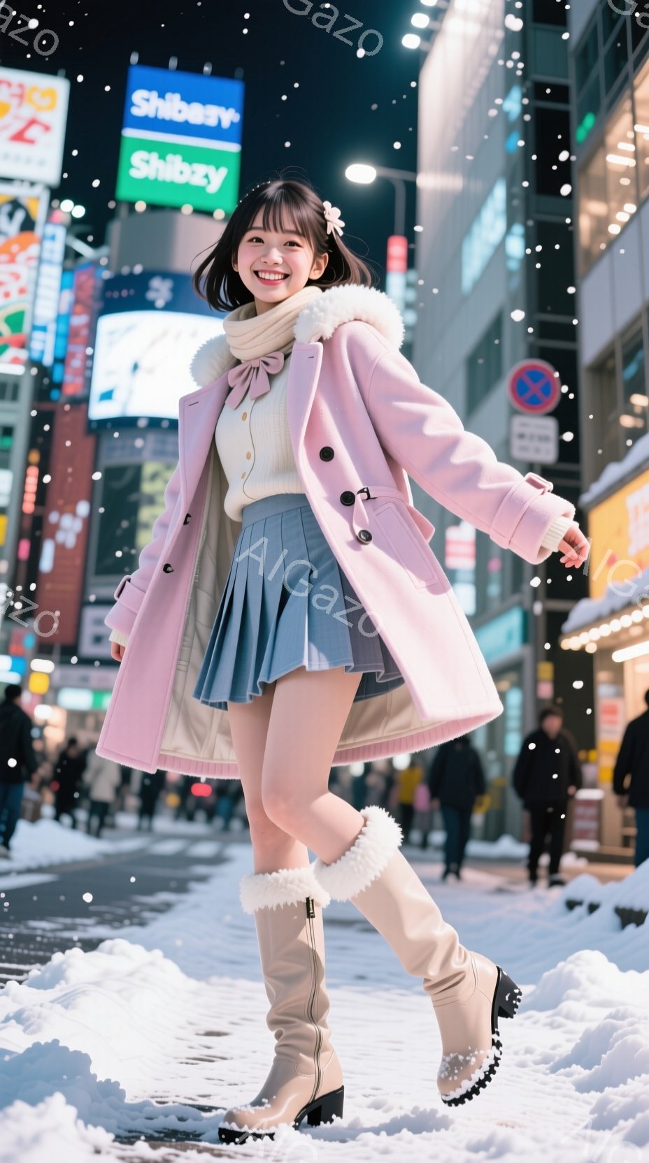 画像には、ピンク色のコートと水色のプリーツスカートを身に着けた女性が写っています。彼女は笑顔で歩いており、ベージュ色の膝丈ブーツを履いています。背景には、夜の賑やかな街並みと雪が舞っており、明るいイル - AI生成フリー素材