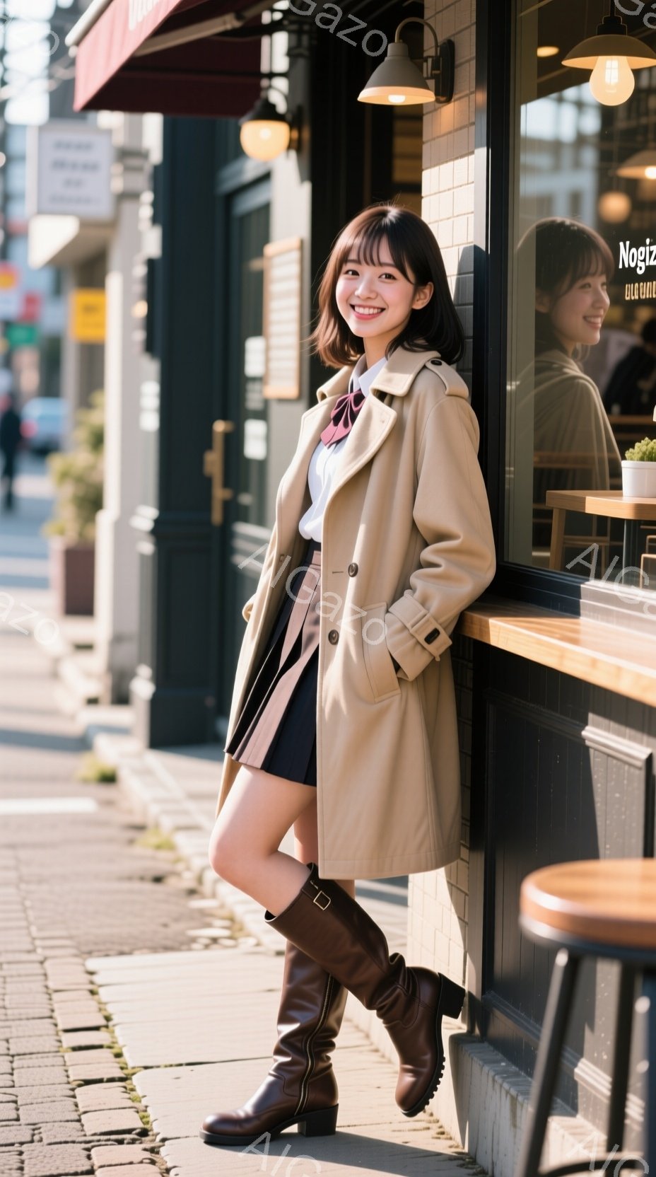 若い女性がベージュ色のトレンチコートと黒のミニスカート、ブラウンのロングブーツを身に着け、カフェの壁にもたれて立っている。彼女は微笑んでおり、肩までの長さの茶色の髪は軽くカールしている。背景にはカフェ - AI生成フリー素材