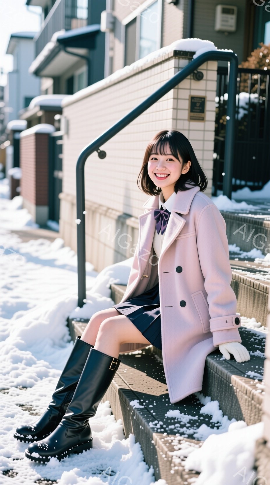 画像は、雪が積もった階段に座っている若い女性を捉えています。彼女はピンク色のコート、紺色のスカート、黒いロングブーツを身に着け、白い手袋を着用しています。彼女は微笑んでおり、背景にはモダンな建物と雪景 - AI生成フリー素材