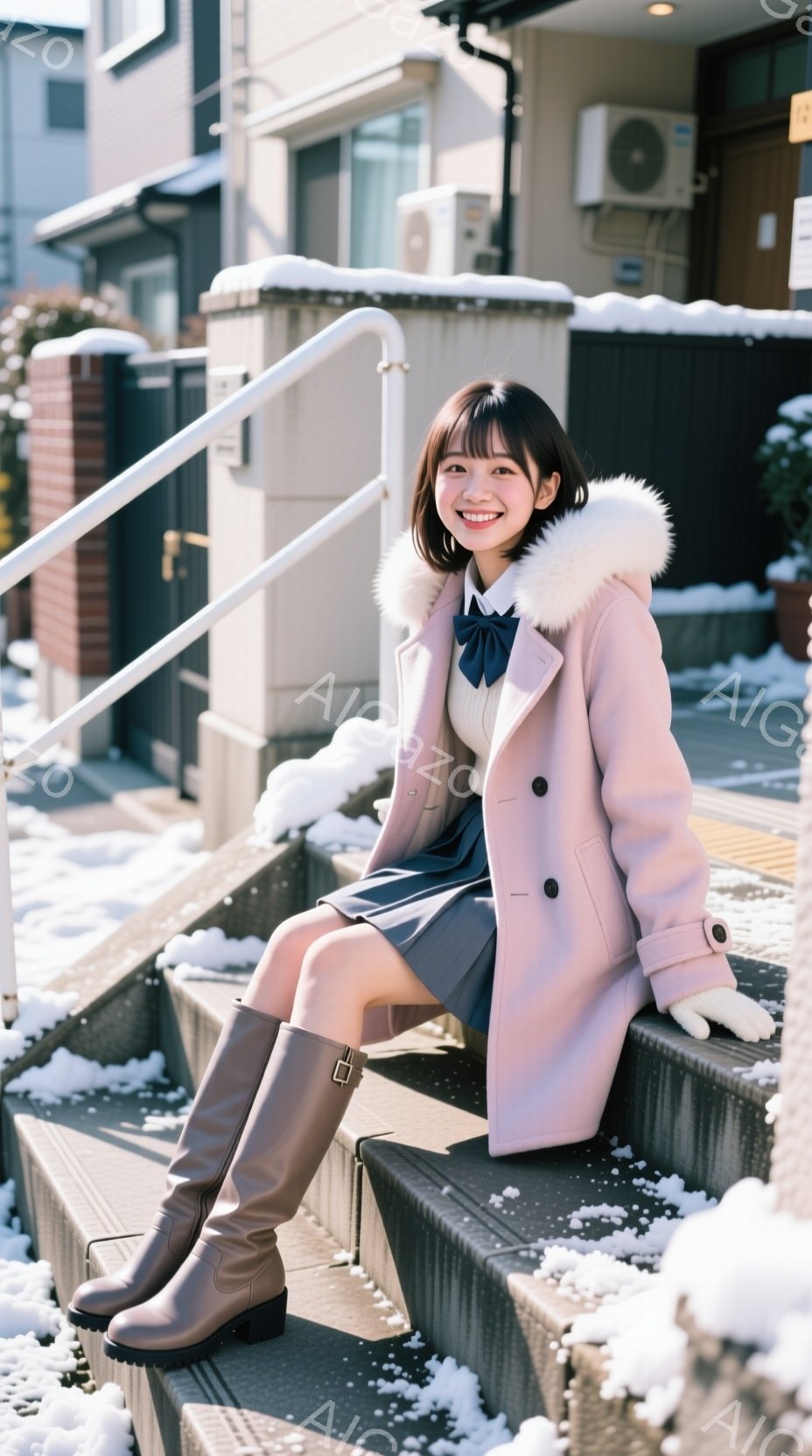 若い女性が階段に座っており、ピンク色のファーカラーのコート、白いセーター、チェック柄のスカート、茶色の膝丈ブーツを着用しています。彼女は微笑んでおり、明るい表情で、前髪を短くしたヘアスタイルです。背景 - AI生成フリー素材