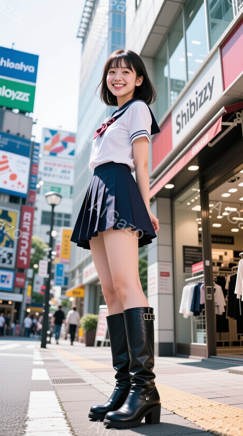 画像には、制服を着た若い女性が写っています。彼女は濃い青色のスカートと白いブラウス、そして黒いニーハイブーツを着用し、少し微笑んでいます。背景には、賑やかな街並みとお店が並び、晴れた日の活気ある雰囲気が伝わってきます。