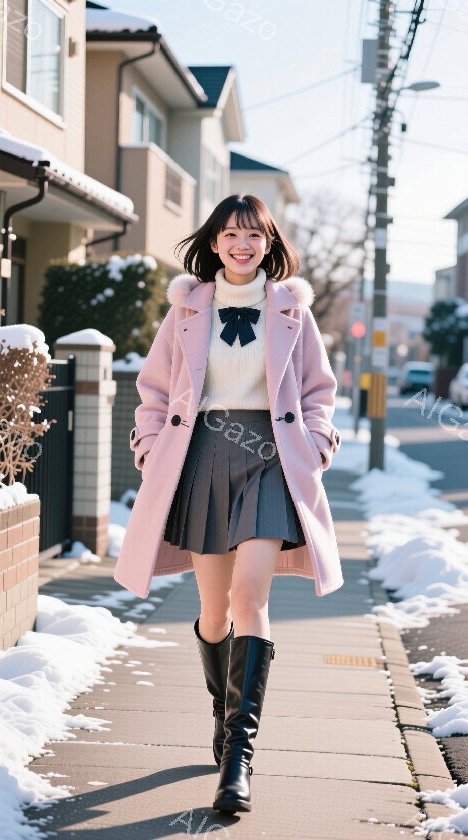 ピンク色のファー付きのコートを着た若い女性が、歩道を歩いている。白いセーターにグレーのプリーツスカート、黒いロングブーツを合わせ、笑顔で正面を見ている。背景には住宅と雪が積もった庭があり、晴れた冬の日 - AI生成フリー素材