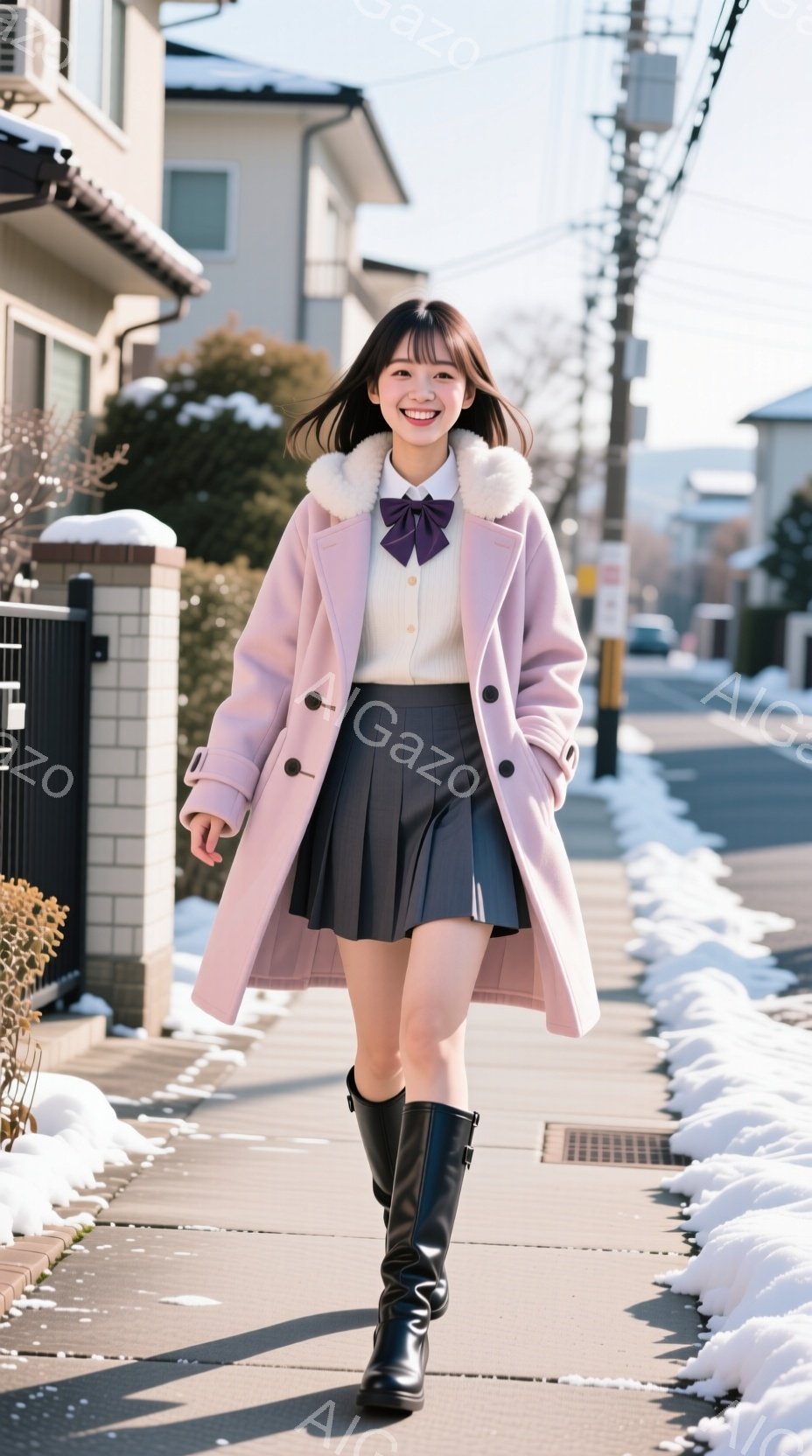 若い女性が歩道を歩いている。ピンク色のコートに白いセーター、黒いプリーツスカート、黒いブーツを履いており、首には紫色のリボンを結んでいる。背景には住宅が並び、雪が積もり、晴れた冬の日であることがわかる。
