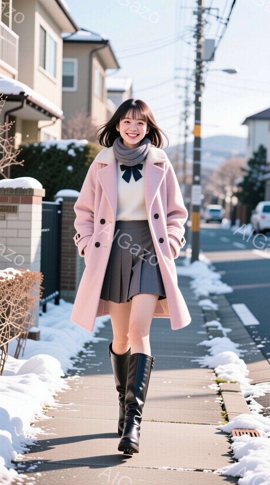ピンク色のオーバーコートと、グレーのプリーツスカート、黒のロングブーツを身につけた女性が、雪が残る歩道を歩いている。彼女は微笑んでおり、明るい表情で、髪は肩までの長さで、前髪がある。背景には住宅や電柱が見え、晴れた冬の日であり、雪がわずかに残っていることで、穏やかで可愛らしい雰囲気を醸し出している。