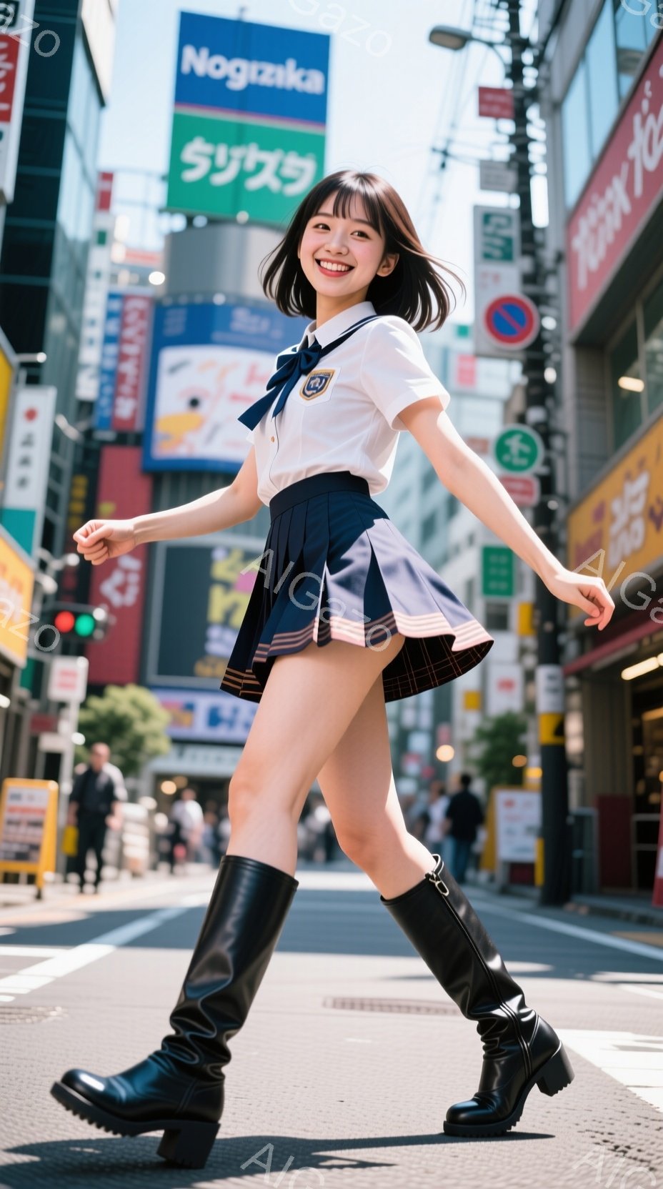 紺色のプリーツスカートと白いシャツ、そして黒いロングブーツを履いた若い女性が写っている。彼女は笑顔で片足を上げて歩いているようで、活気に満ちた表情をしている。背景には高層ビルが立ち並び、多くの人が歩い - AI生成フリー素材