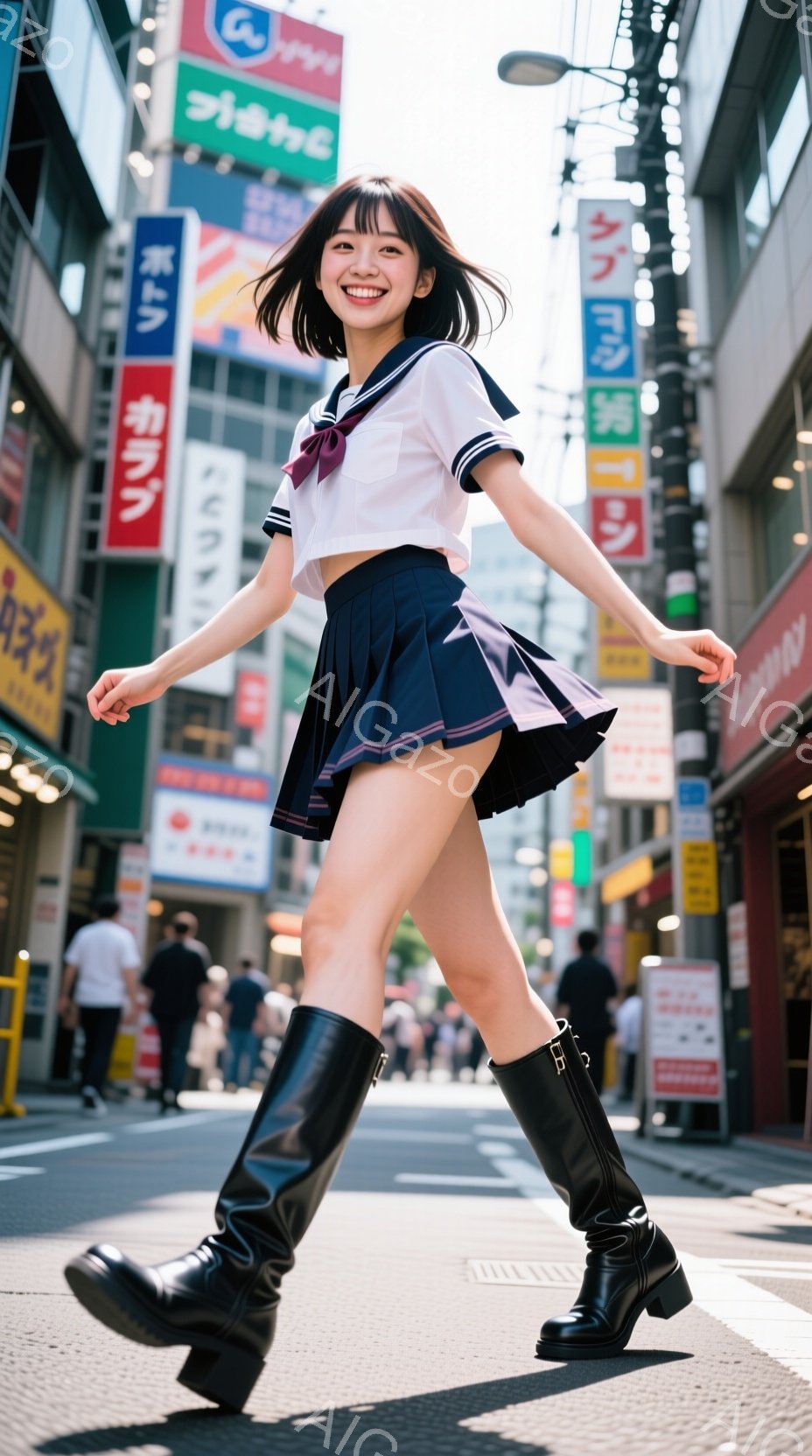 紺色のセーラー服と黒いニーハイブーツを身に着けた若い女性が、歩道上を軽快に歩いている。彼女は笑顔で、片手を上げ、躍動感のある姿勢をとっている。背景には賑やかな商店街が広がり、多くの看板や歩行者が確認でき、晴天の下、活気のある雰囲気が伝わってくる。