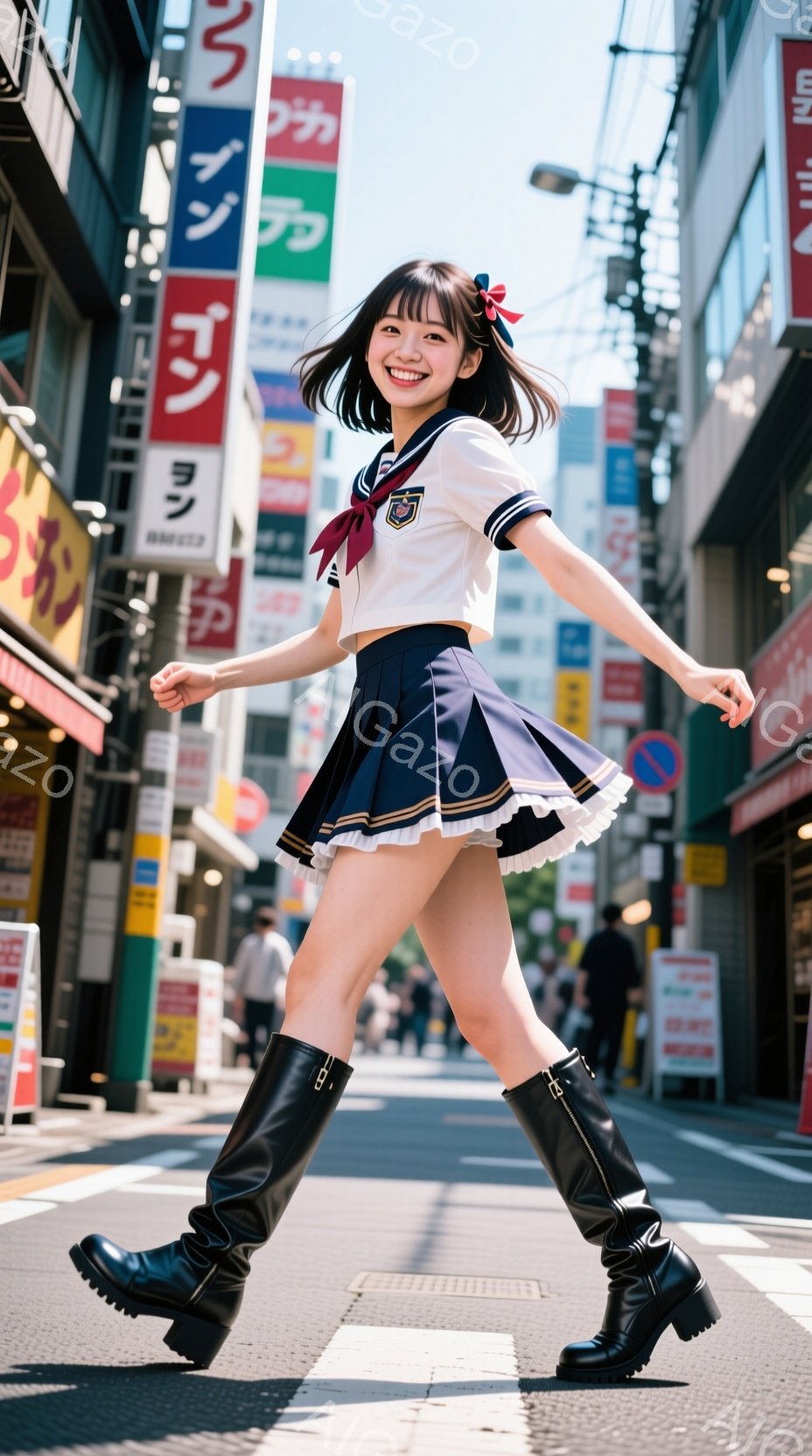 制服姿の若い女性が、交差点の白線の上を足踏みしながら歩いている。紺色のスカートと白いブラウスに身を包み、赤いリボンと黒いロングブーツを着用し、活気に満ちた表情でカメラを見ている。背景には日本の街並みが広がり、多くの看板や建物が密集している。