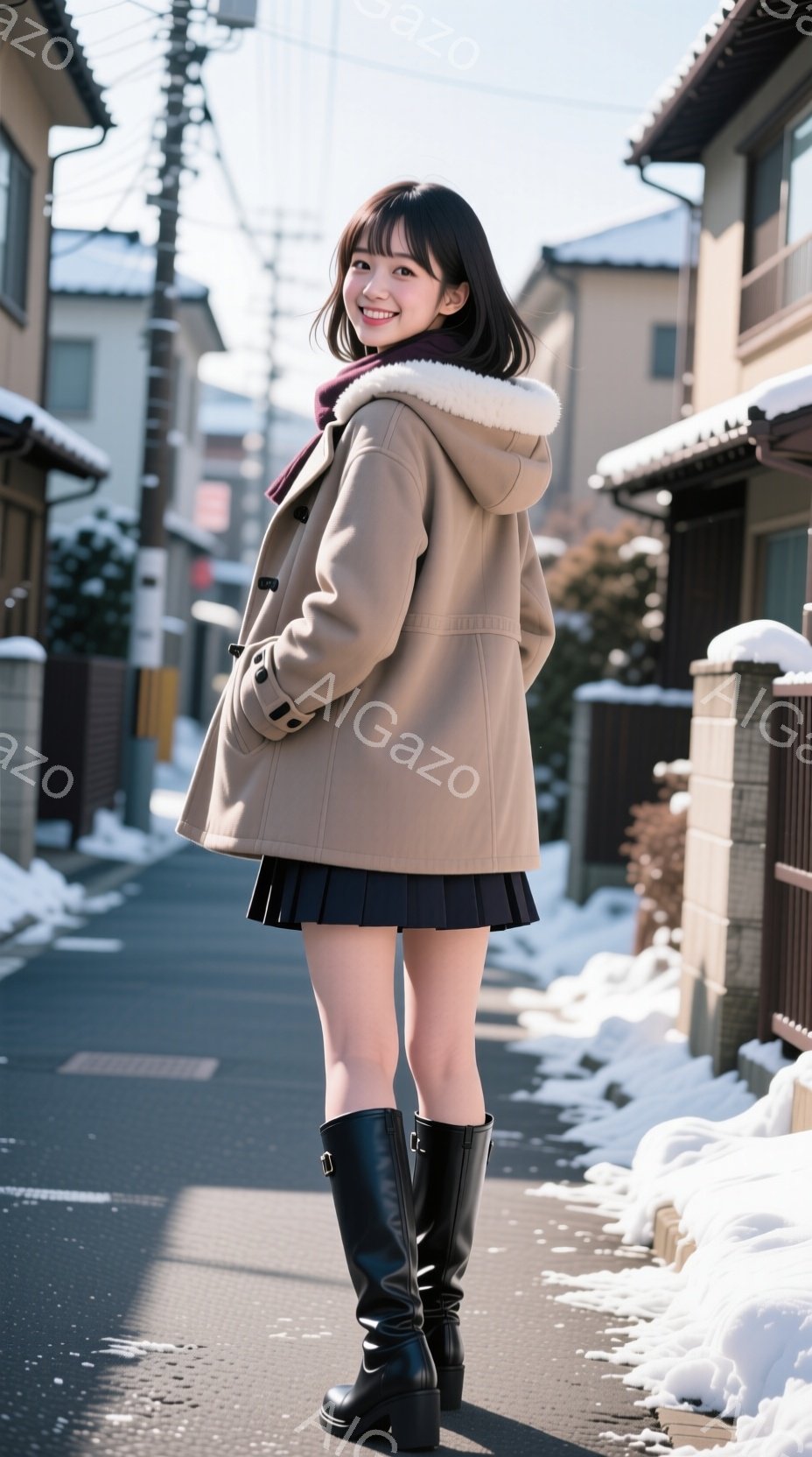 画像は、冬の街並みを背景に、ベージュ色のフード付きコートを着た若い女性が写っています。彼女は黒いスカートとブーツを履き、少し微笑んでおり、背景には雪が積もった建物と晴天が見られます。 全体的に、冬の暖 - AI生成フリー素材