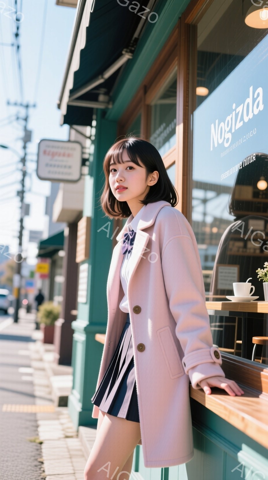 若い女性がピンク色のコートとプリーツスカートを着用し、街のカフェの前で立っています。彼女は黒髪で、前髪は眉毛にかかる程度にカットされ、少し微笑んでいます。背景には緑色のカフェの壁と窓、そして晴れた空と - AI生成フリー素材