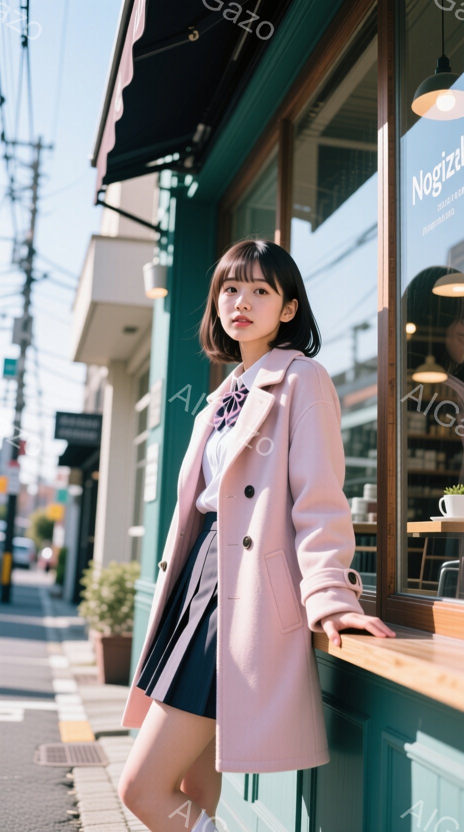 明るいピンク色のオーバーコートを羽織った若い女性が、紺色のプリーツスカートと白いニーハイソックスを履いています。彼女は少し微笑んでおり、左手で壁に軽く触れ、リラックスした姿勢で立っています。背景には緑 - AI生成フリー素材