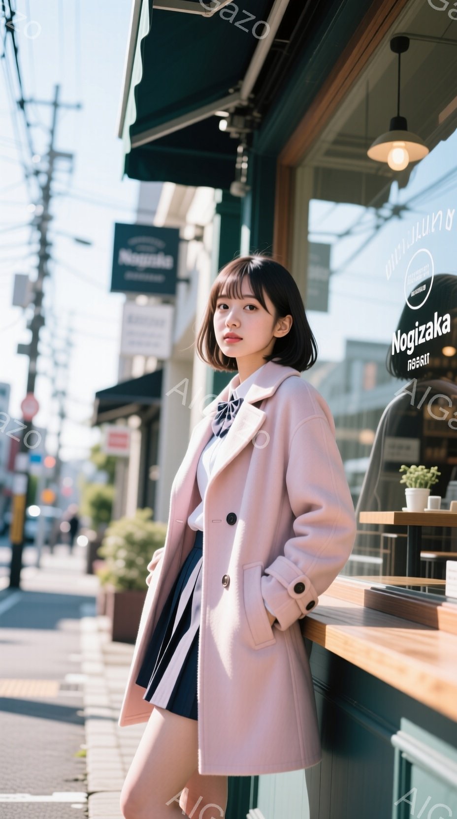 明るいピンク色のコートを着た若い女性が、黒いスカートと白いシャツ姿で少し横を向いて立っています。彼女はストレートの黒髪で、穏やかな表情でカメラを見ています。背景には緑色の建物、窓、そして道路が見え、晴 - AI生成フリー素材