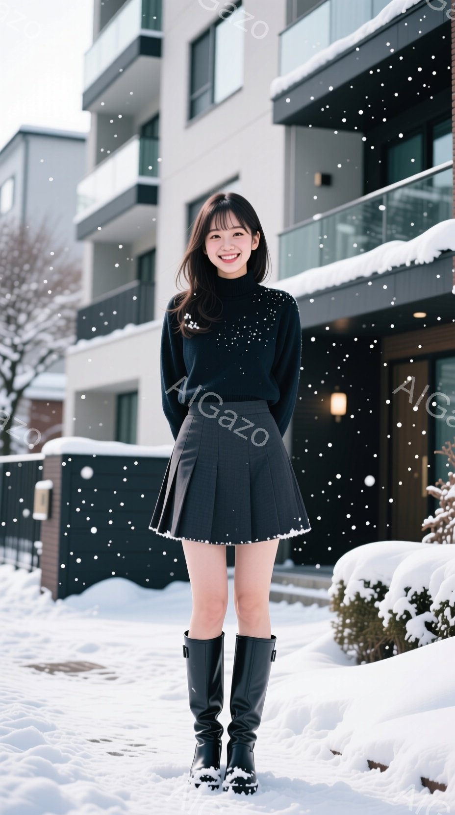 雪が降る中で、黒いセーターとプリーツミニスカート、黒のロングブーツを身に着けた女性が立っている。彼女は微笑んでおり、髪は肩にかかる長さで、前髪が目にかかっている。背景には白い建物と雪に覆われた低木が見え、冬の静かで穏やかな雰囲気を醸し出している。