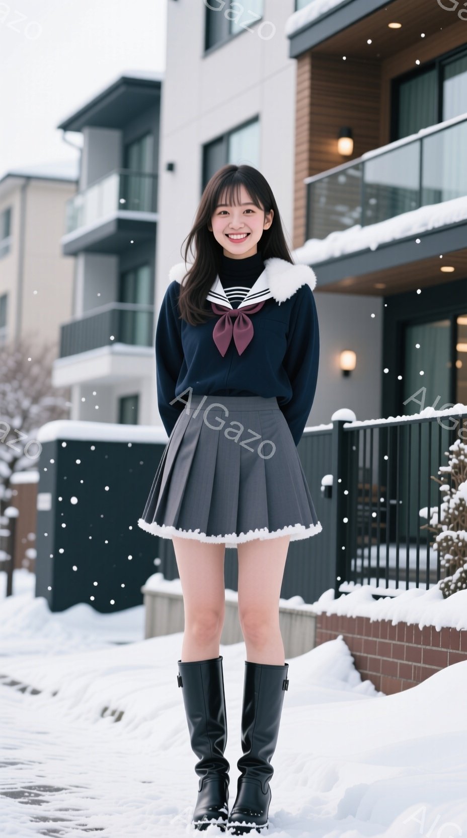 画像には、冬の日に雪景色の中、セーラー服を着た若い女性が立っています。彼女は黒いブーツを履き、微笑んでおり、姿勢はまっすぐで、明るく活気のある印象を与えます。背景にはレンガ造りの建物と雪に覆われた木々が見え、全体的に冬の暖かさと若々しい雰囲気が漂っています。