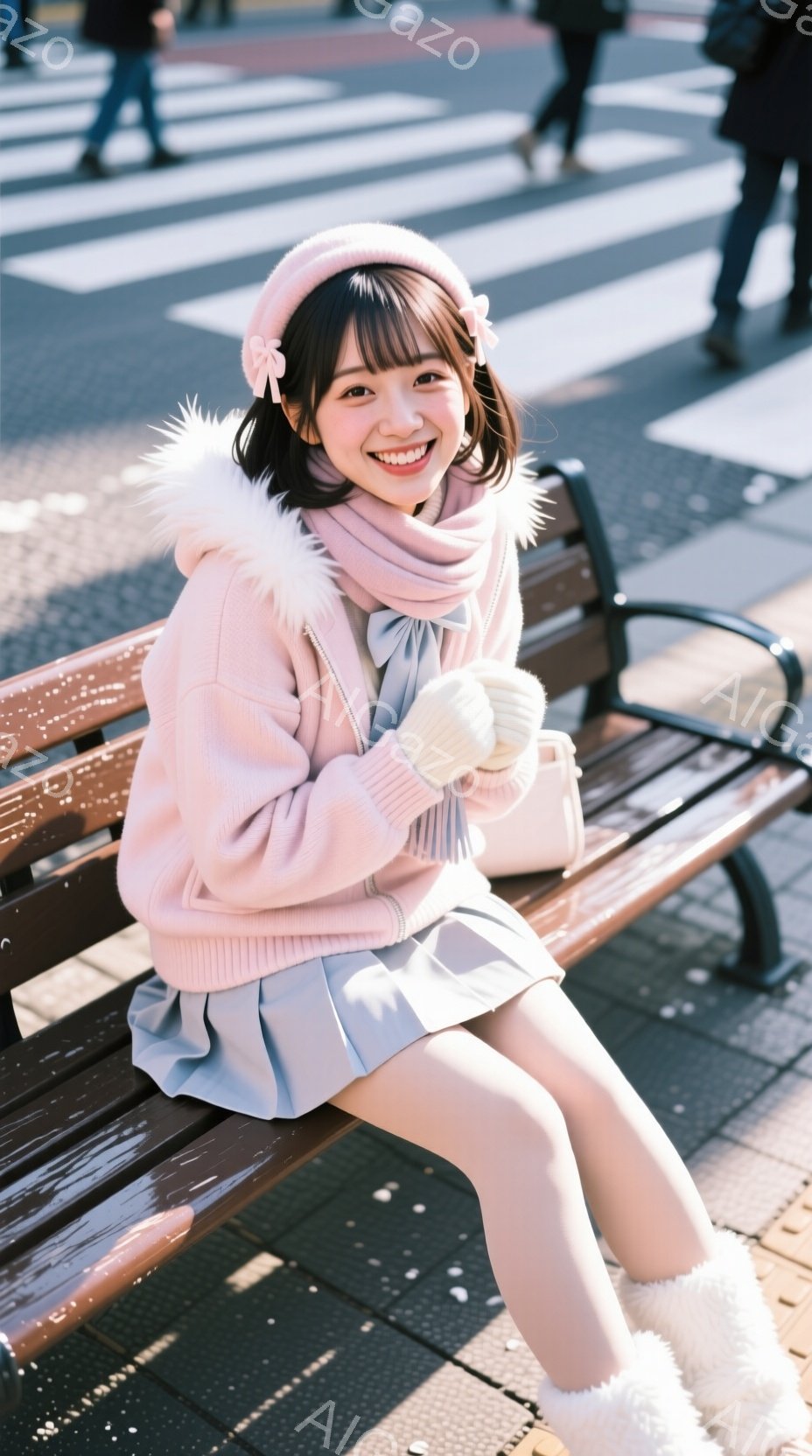 淡いピンク色のセーターと水色のスカートを身につけた若い女性が、公園のベンチに座っています。彼女は明るい笑顔を見せ、手には薄いピンク色の手袋をはめており、髪は前髪を出し、ピンクのリボンで結ばれています。 - AI生成フリー素材