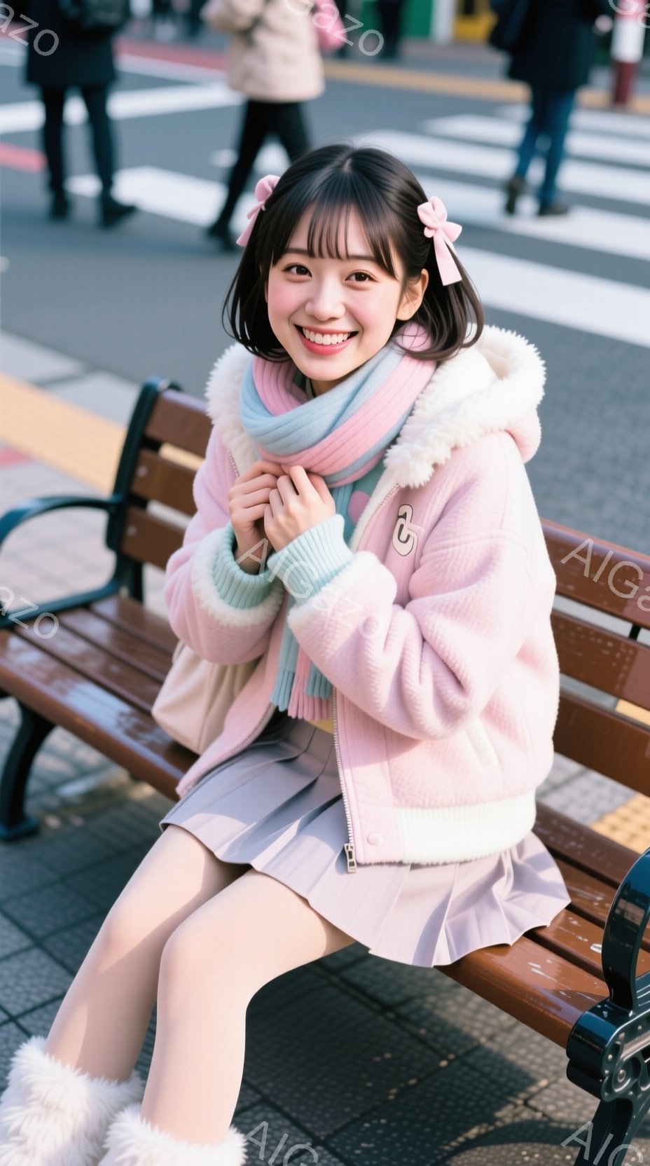 明るいピンク色のふわふわしたジャケットと、薄いピンク色のプリーツスカートを身に着けた若い女性が、公園のベンチに座っています。彼女は膝を抱え、笑顔を見せており、髪は前髪を下ろしたスタイルで、リボンで飾ら - AI生成フリー素材