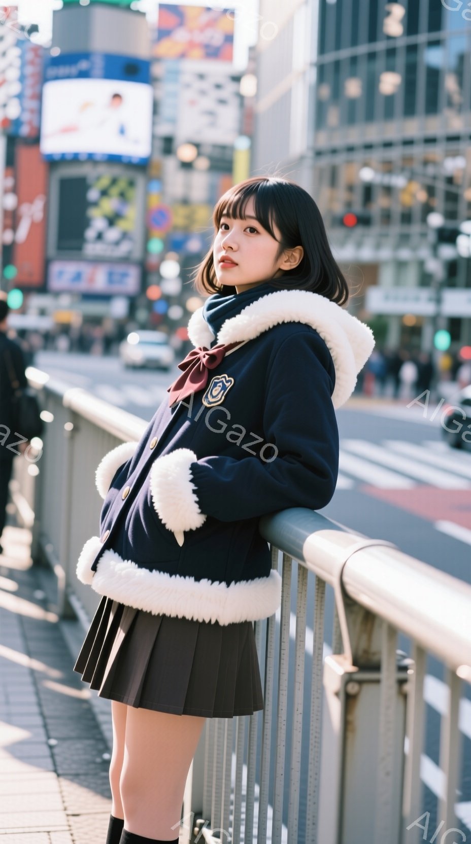 紺色のファー付きジャケットとプリーツスカートを身につけた若い女性が、金属製の柵にもたれて立っている。彼女はダークブラウンのショートヘアで、少し微笑んだ表情を浮かべている。背景には高層ビル群と交通信号が - AI生成フリー素材