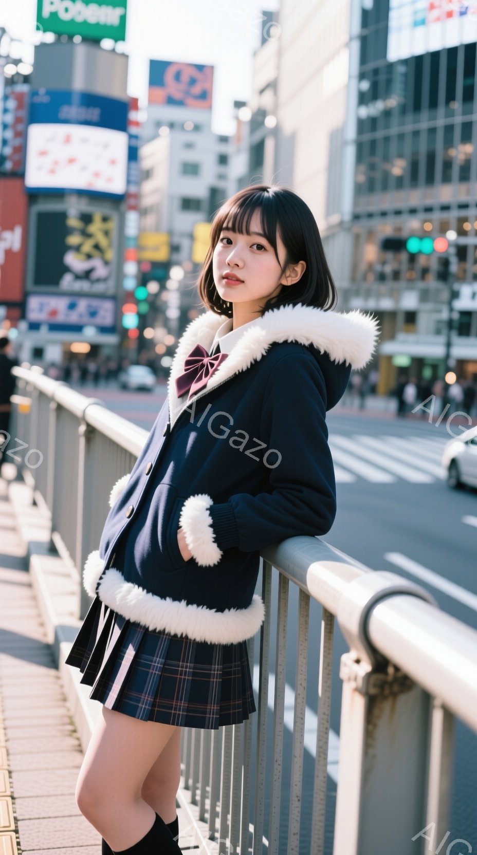 画像には、チェック柄のスカートとフリル襟の白いシャツに、ふわふわのファーが付いた紺色のジャケットを着た若い女性が写っています。彼女は柵にもたれかかっており、少し微笑み、リラックスした表情をしています。 - AI生成フリー素材