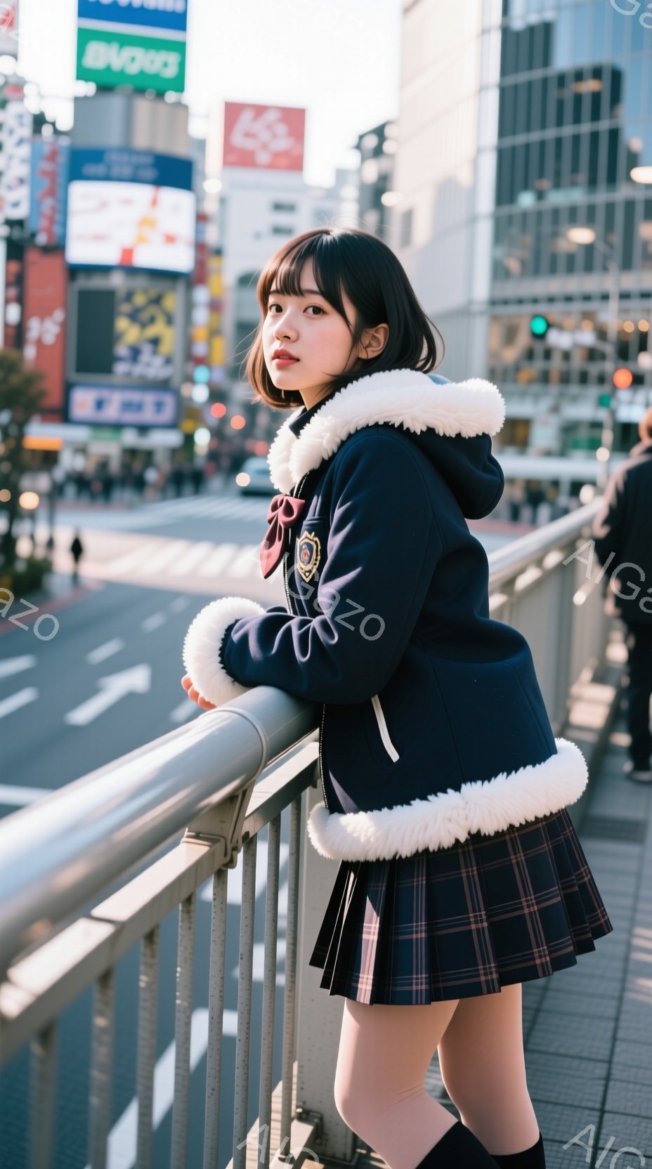 紺色のファー付きジャケットとチェック柄のプリーツスカートを着用した若い女性が、手すりに寄りかかりながら遠くを見つめている。彼女はダークトーンのヘアスタイルで、少し微笑んだ表情を浮かべている。背景には賑 - AI生成フリー素材