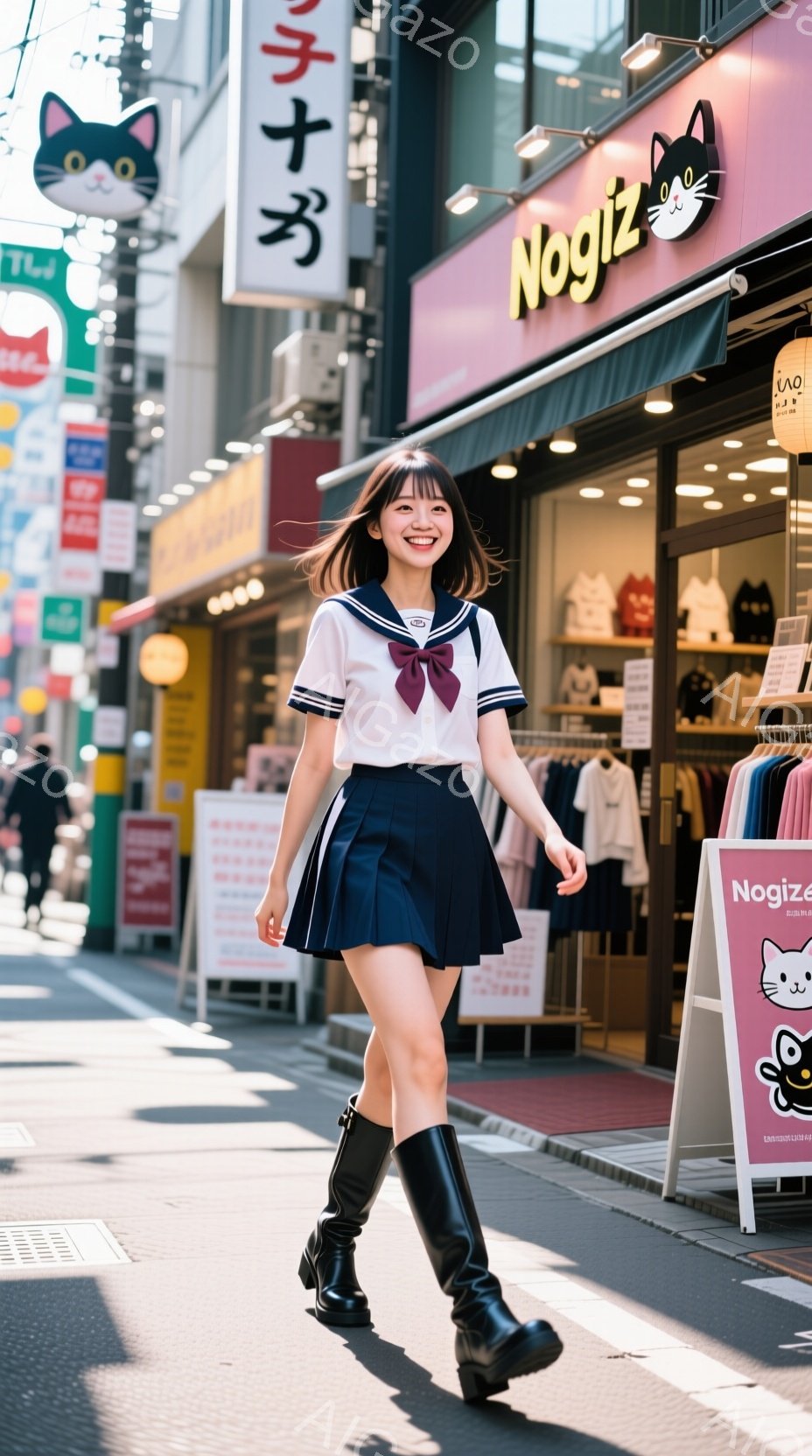 画像は、制服を着た若い女性が歩いている様子を捉えています。彼女は白いブラウスに濃い青色のスカート、黒いニーハイブーツを履き、首には赤いリボンを結んでいます。背景にはカラフルな看板が立ち並び、明るい日差 - AI生成フリー素材