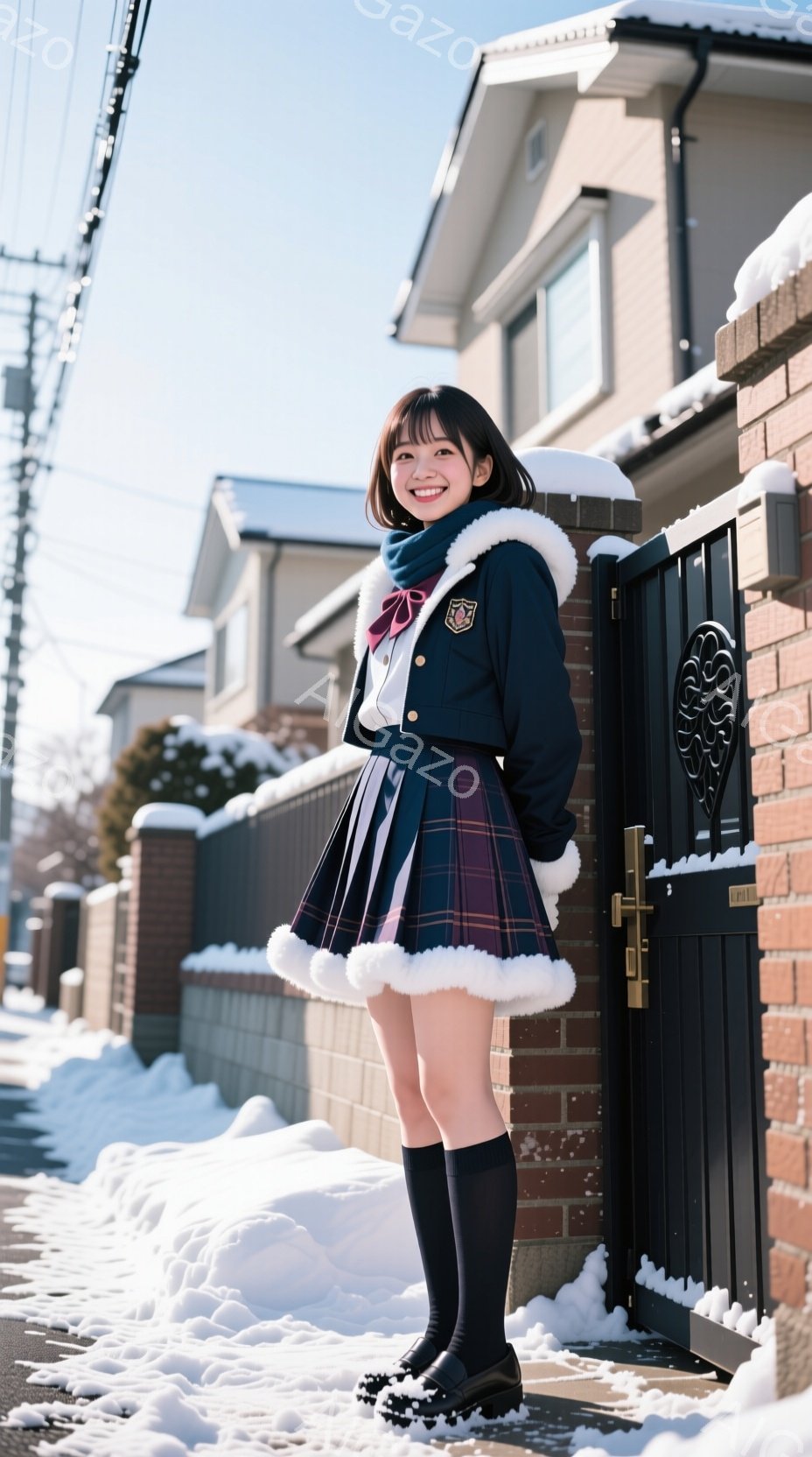 雪が積もった住宅街で、制服を着た若い女性が立っています。彼女は濃い青色のブレザーに、フリル付きのプリーツスカート、膝上ソックス、黒いブーツを履いています。顔は笑顔で、髪は肩までの長さで、前髪が流れています。