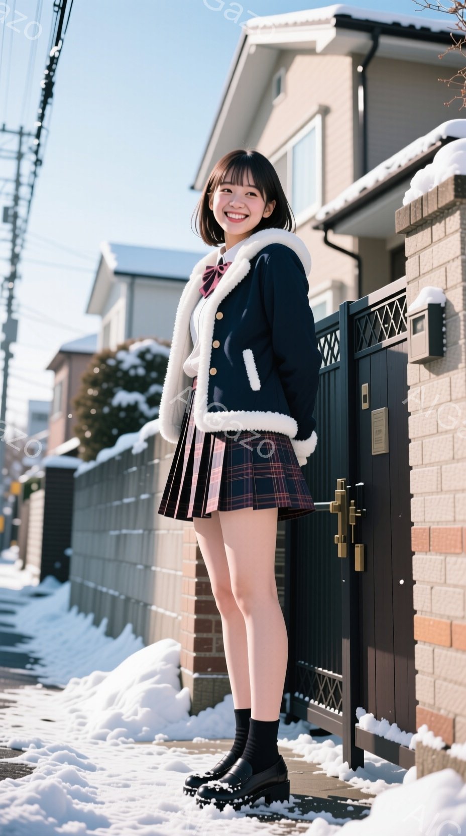 画像には、チェック柄のスカートと黒のブーツを履いた若い女性が立っています。彼女は黒いジャケットを着ており、襟元には白いファーがあしらわれています。背景にはレンガ造りの塀と雪景色が広がっており、冬の晴れ - AI生成フリー素材